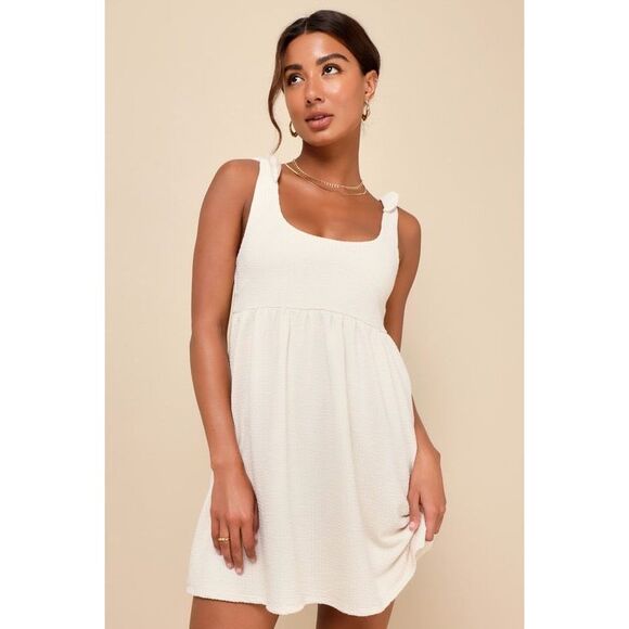 Lulus Cute Certainty Ivory Textured Ribbed Knit Tie-strap Mini Dress White - Picture 1 of 3